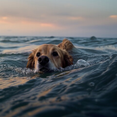 Dog swimming in sea, Dog in ocean, Dog in sea  - obrazy, fototapety, plakaty