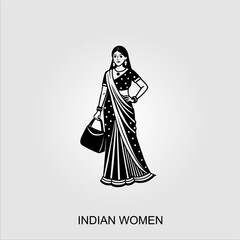 Indian women saree clipart Indian woman wearing bridal outfit. Black and white vector illustration 