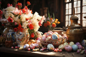 Obraz na płótnie Canvas Vintage Easter Decor: Nostalgic and classic Easter decorations with flowers and pastel colored eggs.