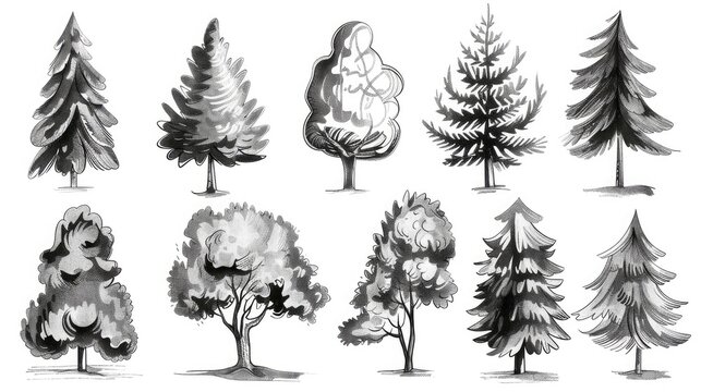 Set of beautiful hand drawn doodle pine trees, ink lines, black and white vector graphics.