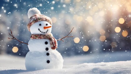 A snowman in a hat on a background of Christmas trees on a winter day. Bokeh effect of light.