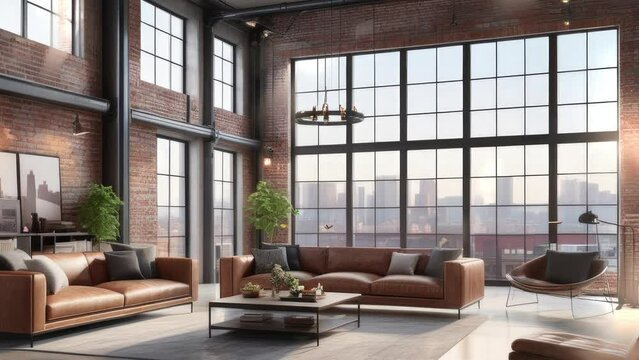 3D rendering. Living room with sofa in a loft-style apartment.