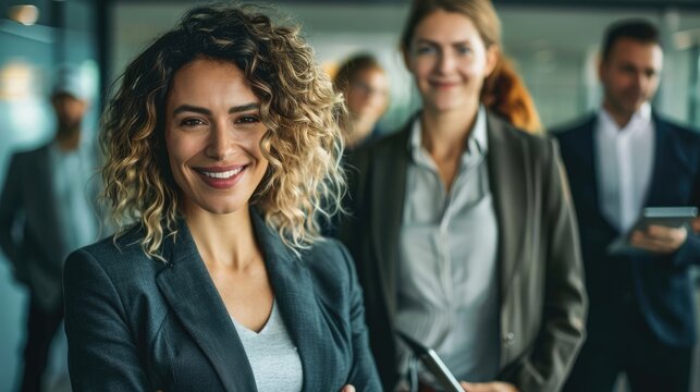 Business leader smiling confidently looking at camera and standing in office in team meeting Portrait of a confident businesswoman with colleagues in a conference room