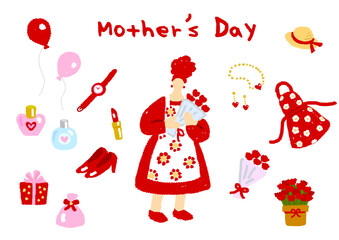 カーネーションの花束を持った母親と母の日のプレゼント色々の手描きイラストセット