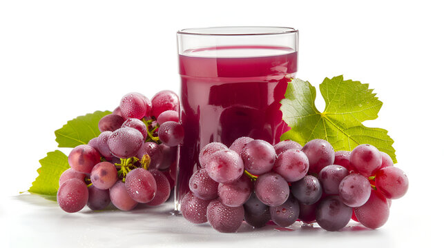 glass of freshly squeezed grape juice next to a bunch of grapes, Fresh red grapes fruit and juice on wooden background