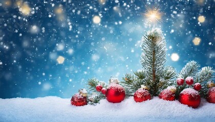 Naklejka na ściany i meble Christmas tree branch with Christmas balls in the snow.