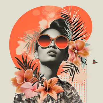 Art summer collage, fashion woman and botanical elements abstract shape and point texture