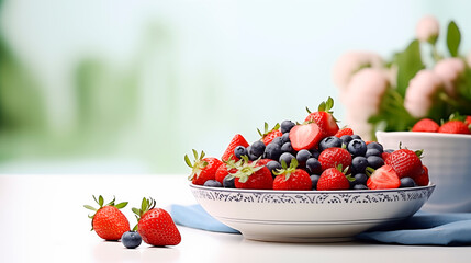 Ripe strawberries and blueberries in a white plate on the table on a light background with copy space. Juicy berries ready to eat, healthy eating. Ceramic bowl with berries. Harvest concept - Powered by Adobe