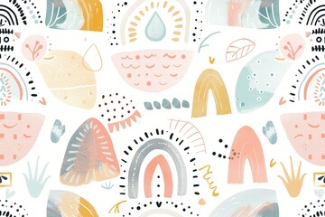 Kids boho seamless pattern. Pastel colors, gender neutral. Applicable for fabric print, textile, wrapping paper, wallpaper. Cute baby texture, repeatable, bohemian style. Nordic design. - obrazy, fototapety, plakaty