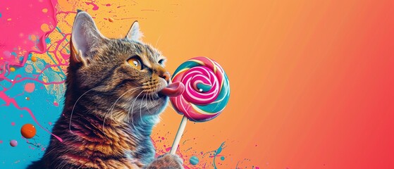 A lively, popart inspired piece featuring an energetic cat with a funky, colorful patterned fur,...