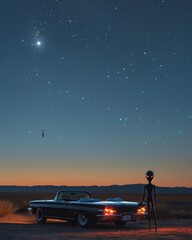 A minimalist, abstract art piece focusing on the silhouette of an elegant, slender alien figure refueling a classic convertible car, set against a stark, contrasting background of a vast, open desert  - obrazy, fototapety, plakaty