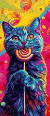 A lively, popart inspired piece featuring an energetic cat with a funky, colorful patterned fur,...