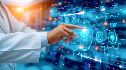Close-up of a doctor's hand interacting with a high-tech holographic medical diagnostic display in a modern clinic. Doctor Interfacing with Futuristic Medical Diagnostic Screen