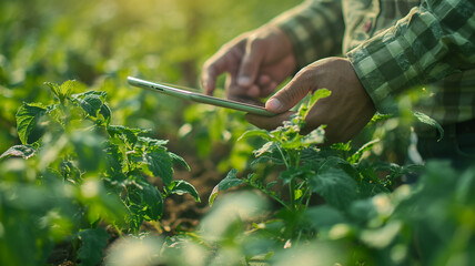 Farmer uses tablet in field during sunset discuss strategies for improving crops and integrating technology. Represent modern agricultural innovations and modern farming