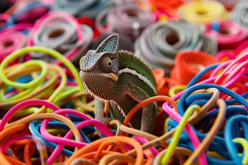 Foto op Canvas chameleon sitting amidst a pile of vivid hair ties © stickerside