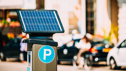 Stockholm, Sweden. Parking Machine Equipped With A Solar Battery For Recharging From Solar Energy Light. Electronic Payment That Issues A Permit To Parking Car