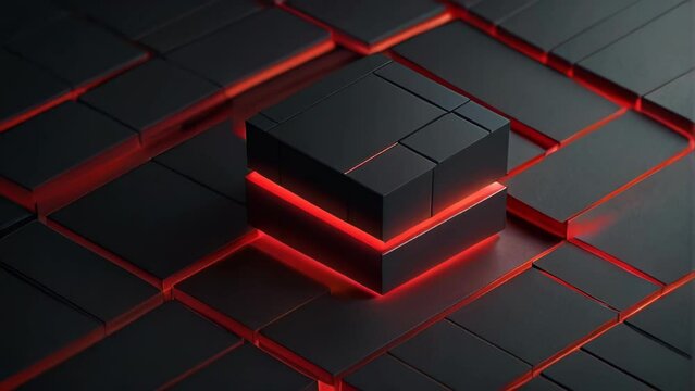 A cube positioned on black tiles is highlighted by glowing red lines, illustrating a fusion of minimalism and modern design, evoking notions of advanced technology and innovation.