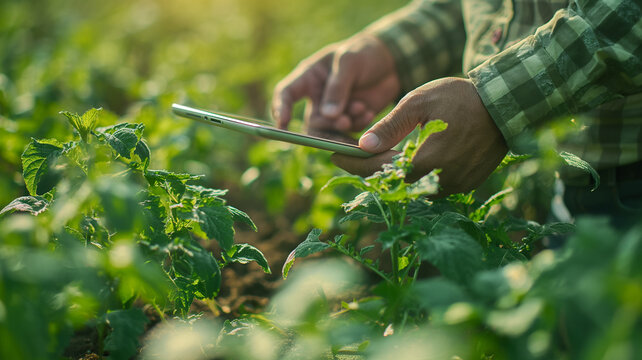 Farmer uses tablet in field during sunset discuss strategies for improving crops and integrating technology. Represent modern agricultural innovations and modern farming