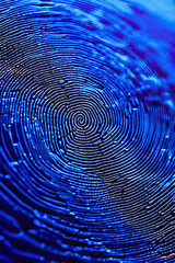 Blue digital fingerprint with intricate spiral pattern on illuminated screen, biometric security concept