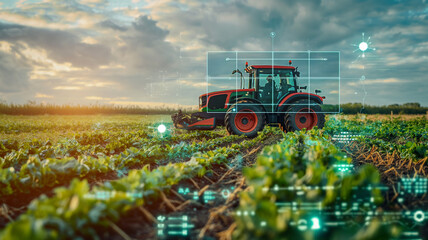 Farming tractor in field at sunrise with futuristic digital agriculture icons symbolizing advance technology with smart farming analytics blending tradition with tech for sustainable agriculture