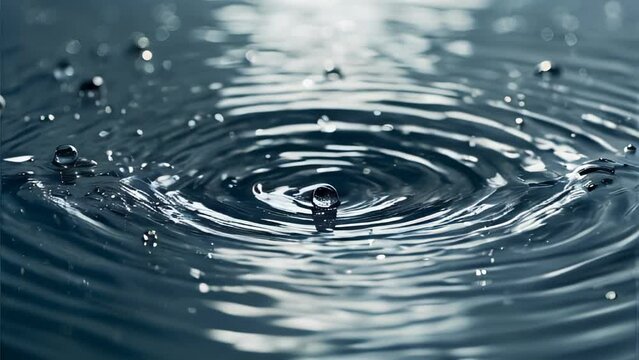Droplets of water falling onto the surface create ripples of concentric circles. A clear and serene blue background emphasizes the purity and tranquility of the water.
