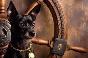 black terrier with gold coin necklace by a ships wheel - obrazy, fototapety, plakaty