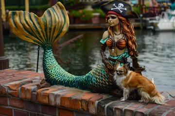small dog beside a mermaid statue with pirate attire