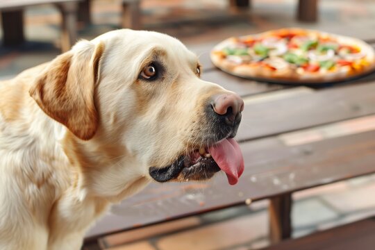 labrador licking its lips with a pizza in the background
