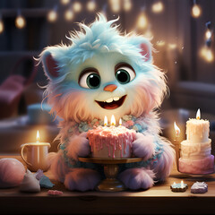 Cute cartoon character blowing out candles on a birthday cake