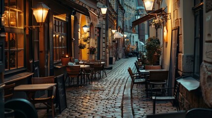 Evening falls on a charming cobblestone alley lined with cafes, the warm glow of street lamps...