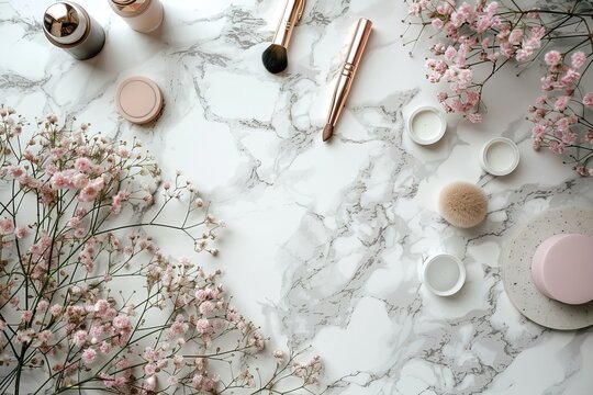 Elegant makeup tools with gypsophila flowers on marble background. Beauty and cosmetics concept. Design for makeup brand, beauty salon, or wedding makeup artist portfolio