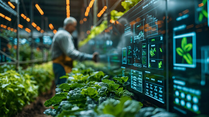 Agricultural worker, farmer monitoring plant health in high tech greenhouse, using digital data analysis for modern agricultural innovations and modern farming that uses technology for future of food