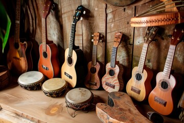 musical instrument corner with small guitars and tambourines unplayed - obrazy, fototapety, plakaty