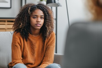 Depressed 15 years old African American teenager girl, sad and unhappy, sitting on a sofa at a psychologist's office consulted by a mental health counselor. Depression and abuse alert. - obrazy, fototapety, plakaty