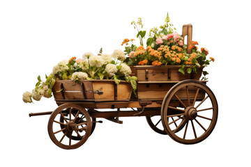Abundance in Bloom: A Wooden Wagon Overflowing With Colorful Flowers. On White or PNG Transparent Background..
