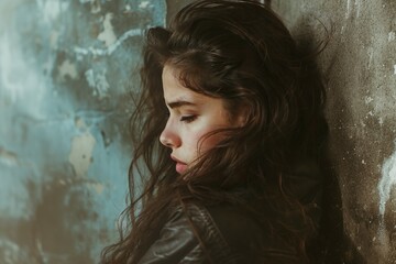 Depressed 15 years old Caucausian teenager girl, sad and unhappy, leaning against a dirty shabby wall. Teenager's depression danger.