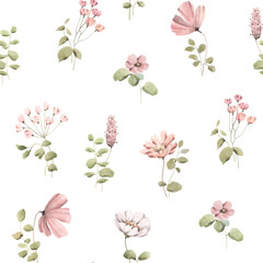 Delicate floral seamless pattern with pink flowers and green plants, isolated watercolor illustration in provence style for textile or wallpapers, decorative background.