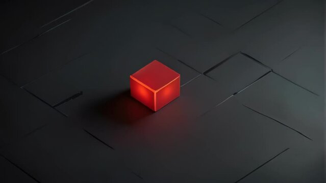 A cube positioned on black tiles is highlighted by glowing red lines, illustrating a fusion of minimalism and modern design, evoking notions of advanced technology and innovation.
