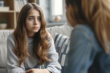 Depressed 15 years old Caucausian teenager girl, sad and unhappy, sitting on a sofa at a psychologist's office consulted by a mental therapist. Teenager's depression danger. Abuse alert.