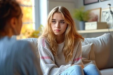 Depressed 15 years old Caucausian teenager girl, sad and unhappy, sitting on a sofa at a psychologist's office consulted by a mental therapist. Teenager's depression danger. Abuse alert.