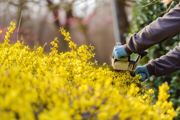 person trimming a hedge of forsythia in bloom - obrazy, fototapety, plakaty