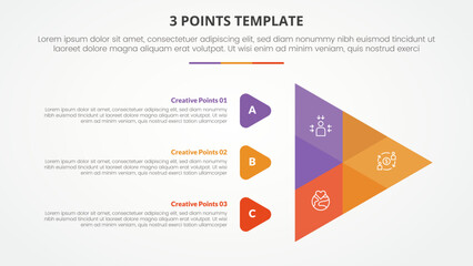 3 points stage template infographic concept for slide presentation with venn blending sharp arrow triangle with 3 point list with flat style