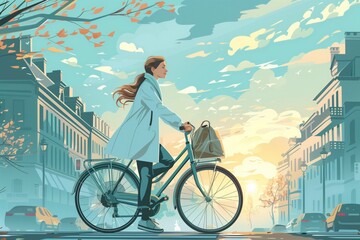 Young woman riding a bicycle in the city. Vector illustration in retro style.