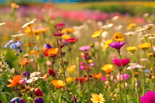 beautiful wildflowers in spring. Nature background. Beautiful meadow with wild flowers over sunset sky. Beautiful natural field background with sun flare.