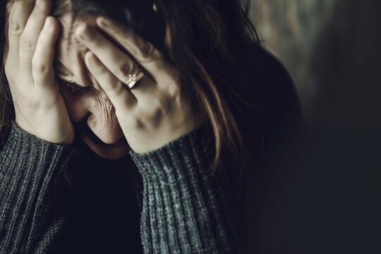 Portrait of a middle aged woman covering her face with hands in despair. Concept of depression, break-up, grief, loss of loved ones