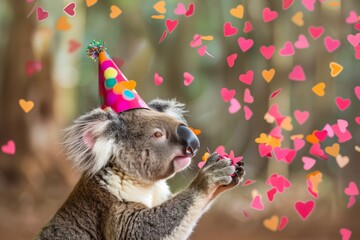 koala at a birthday party, party hat on, holding heart confetti