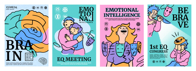 Art emotion. Psychology event poster. Mental health. EQ meeting. Emotional intelligence. Brain maze. Reflection anxiety. Psychological disorder. People stress. Fake mask. Vector banners design set