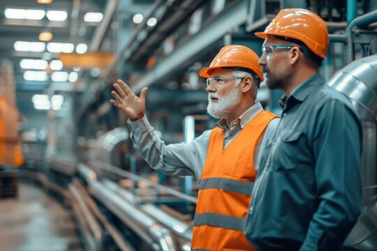 Industrial worker in safety helmet talking with colleague in factory. This is a freight transportation and distribution warehouse. Industrial and industrial workers concept