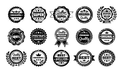 Stamp seal. Badge guarantee, quality emblem, label retro price old, vintage premium grunge sale, symbol certificate sticker silhouettes, packaging design, icon business warranty vector tidy banner set