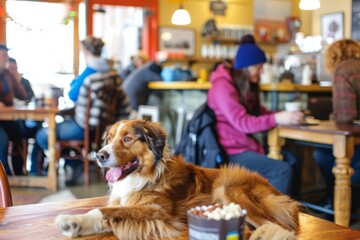 A pet-friendly cafe with furry friends lounging beside their owners, enjoying treats and belly rubs...